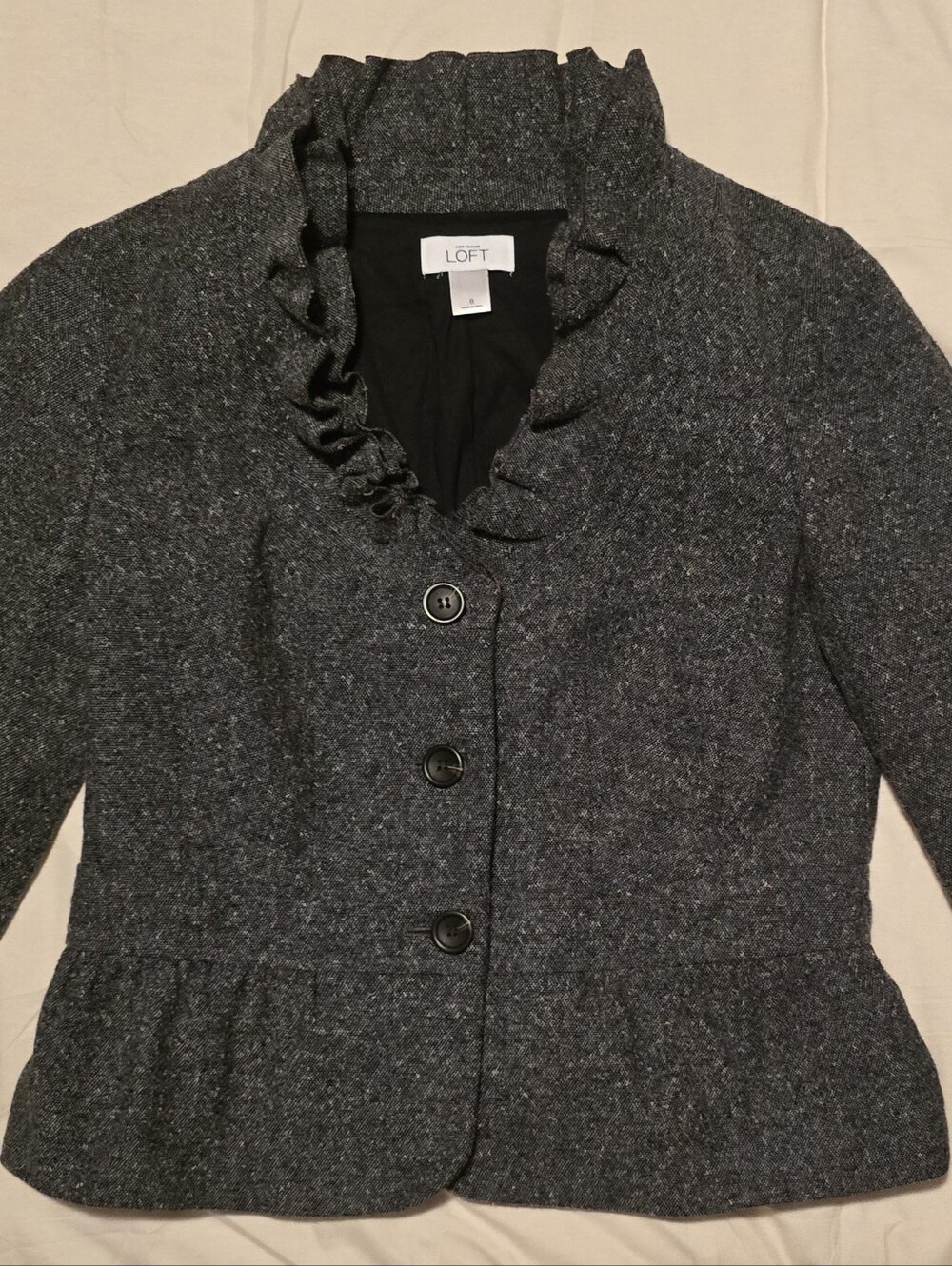 LOFT Ann Taylor Wool Silk Blend Ruffle Tweed Blazer Jacket Grey Black Sz 8 Fall